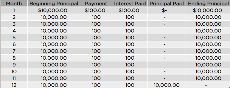 The investment repayment schedule with interest only payments.